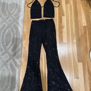 Edikted Black Sequin Flare Pants and Top Set